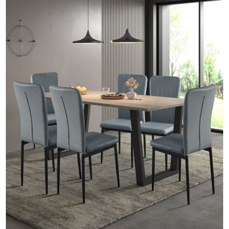 Hallowood Furniture Dudley Large Dining Table and Chairs Set 6, Dinner Table (180cm) with Chunky U Shaped Metal Legs & Grey Faux Leather Chairs, Dining Room Sets for Home & Cafe