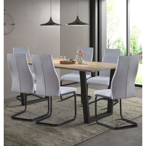 Hallowood Furniture Dudley Large Dining Table and Chairs Set 6, Dinner Table (180cm) with Chunky U Shaped Metal Legs & Grey High Back Fabric Chairs, Dining Room Sets for Home & Cafe