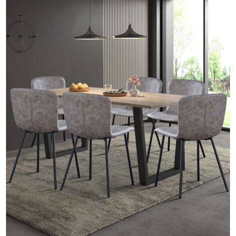 Hallowood Furniture Dudley Large Dining Table and Chairs Set 6, Dinner Table (180cm) with Chunky U Shaped Metal Legs & Taupe Leather Effect Chairs, Dining Room Sets for Home & Cafe