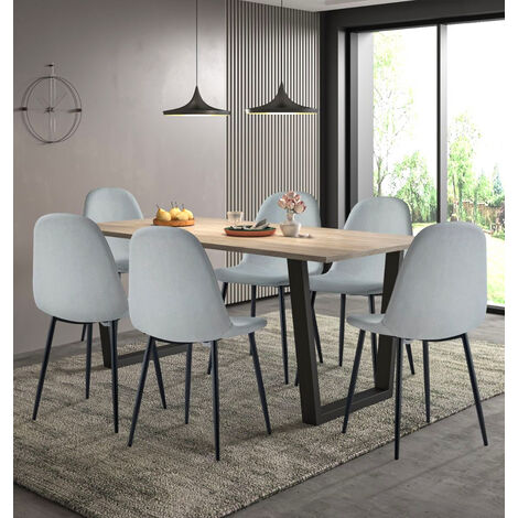 Hallowood Furniture Dudley Large Dining Table and Chairs Set 6, Kitchen Table with Chunky U Shaped Metal Legs and Silver Grey Fabric Chairs for Home and Offices, Modern Dining Table Set For 6