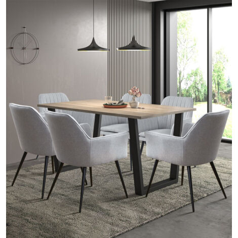 Hallowood Furniture Dudley Large Dining Table and Chairs Set 6, Kitchen Table with U Shaped Metal Legs (150cm) and Grey Fabric Chairs with Armrest, Dining Set for Home and Office