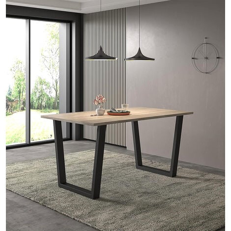 Hallowood Furniture Dudley Large Dining Table with Metal Legs, Industrial Style Light Oak Dining Table with Black U-Shaped Legs  for Home or Offices, Seats 4-6 People (150cm)