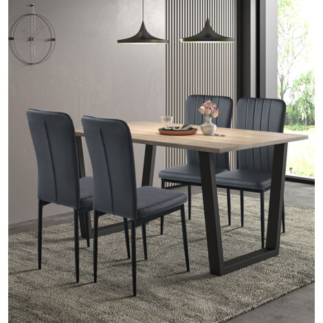 Hallowood Furniture Dudley Large Table and Chairs Set 4, Dining Table (150cm) with Chunky U Shaped Metal Legs and Black Faux Leather Chairs, Set for Home and Cafe