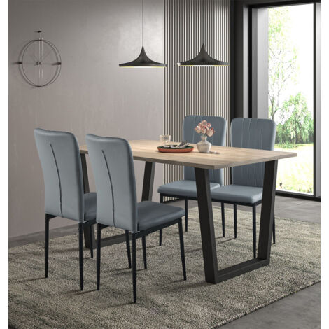 Hallowood Furniture Dudley Large Table and Chairs Set 4, Dining Table (150cm) with Chunky U Shaped Metal Legs and Light Grey Faux Leather Chairs, Set for Home and Cafe