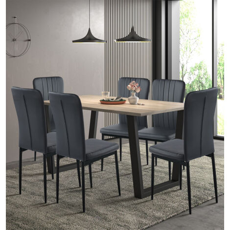 Hallowood Furniture Dudley Large Table and Chairs Set 6, Dining Table (150cm) with Chunky U Shaped Metal Legs and Black Faux Leather Chairs, Set for Home and Cafe