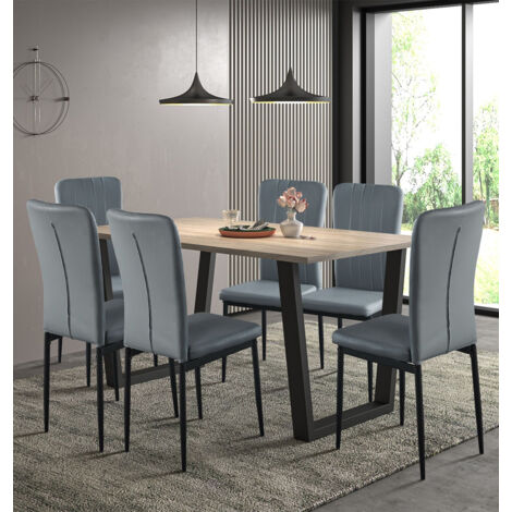 Hallowood Furniture Dudley Large Table and Chairs Set 6, Dining Table (150cm) with Chunky U Shaped Metal Legs and Light Grey Faux Leather Chairs, Set for Home and Cafe
