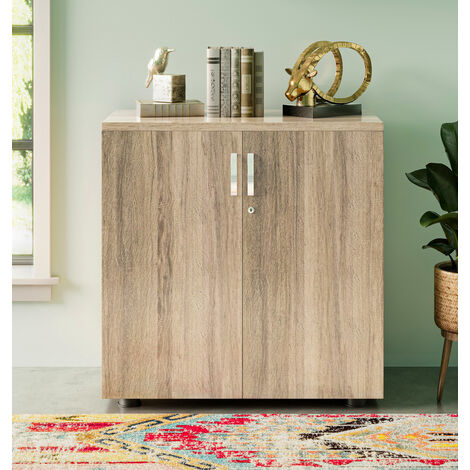 Hallowood Furniture Dudley Small Office Cupboard with Laminated Oak Finish, Lockable Cabinet with Shelf, Wooden Home Office Filing Cabinet, Book Case, Living Room Shoe Cupboard