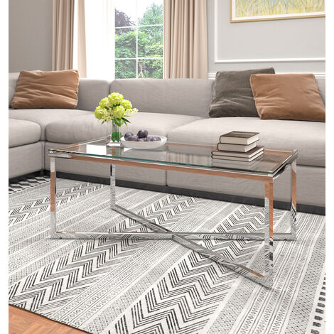 Hallowood Furniture Finley Coffee Table with Glass Top, Modern Rectangular Centre Table with Stainless Steel Frame, Stylish Occasional/Coffee Tables for Living Room, Lounge or Office