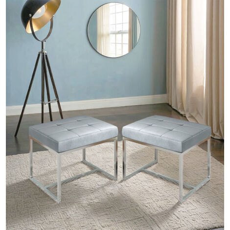 Hallowood Furniture Finley Set of 2 Grey Dressing Table Stool, Velvet Footstool with Chrome Metal Legs, Cushioned Fabric Foot Stool, Dressing Table Chair, Living Room, Hallway and Bedroom Furniture
