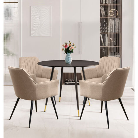 Hallowood Furniture Finley Small Dining Table and Chairs Set 4, Black Round Dining Table with 4 Light Brown Fabric Chairs, Compact and Perfect Set for Home, Office, or Café