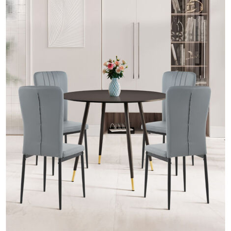 Hallowood Furniture Finley Small Dining Table and Chairs Set 4, Modern Black Round Dining Table with Four Light Grey Faux Leather Chairs, Perfect for Kitchen, Office, or Café Spaces