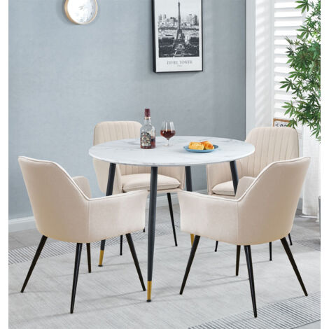 Hallowood Furniture Finley Small Dining Table and Chairs Set 4, White Marble Effect Round Dining Table Top and Four Beige Fabric Chairs with Armrest, Stylish Set for Home, Office, or Café