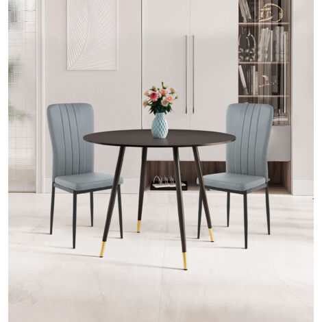 Hallowood Furniture Finley Small Dining Table with 2 Chairs, Black Round Dining Table Paired with Light Grey Faux Leather Chairs, Modern Kitchen Set Perfect for Home, Office, or Café