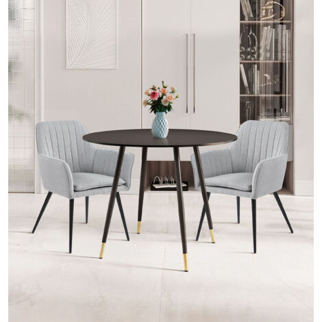 Hallowood Furniture Finley Small Round Dining Table and Chairs Set 2, Black Kitchen Table and Grey Fabric Chairs with Armrest, Set for Home, Office and Café