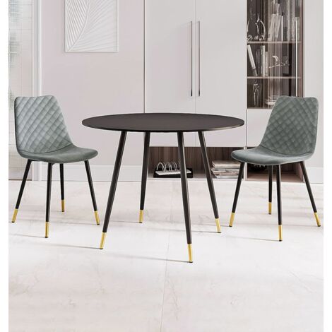 Hallowood Furniture Finley Small Round Dining Table and Chairs Set 2, Black Woodgrain-Effect Top Kitchen Table and Chairs with Grey Velvet Upholstery, Modern Dining Set for Home, Office or Café