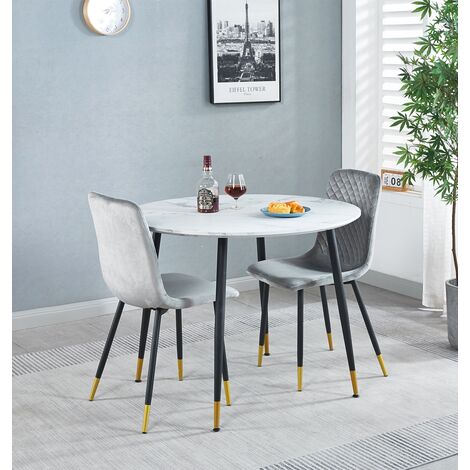 Hallowood Furniture Finley Small Round Dining Table and Chairs Set 2, White Marble Effect Top Kitchen Table and Chairs with Grey Velvet Upholstery and Metal Legs, Modern Set for Home, Office & Café