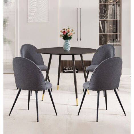 Hallowood Furniture Finley Small Round Dining Table and Chairs Set 4, Black Wooden Effect Top Round Kitchen Table and Dark Grey Curved Back Kitchen Chairs, Dining Room Set for Home and Café