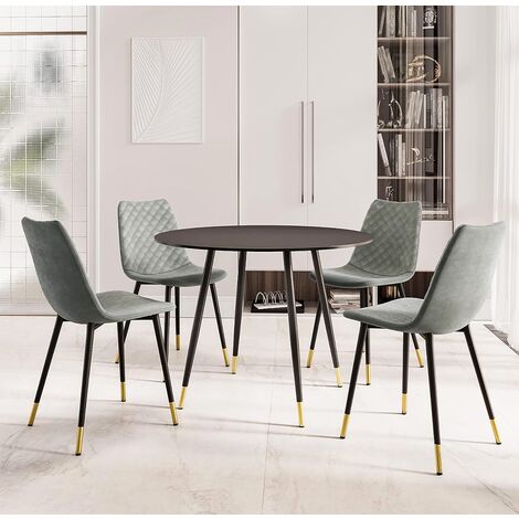 Hallowood Furniture Finley Small Round Dining Table and Chairs Set 4, Black Woodgrain-Effect Top Kitchen Table and Chairs with Grey Velvet Upholstery, Modern Dining Set for Home, Office or Café