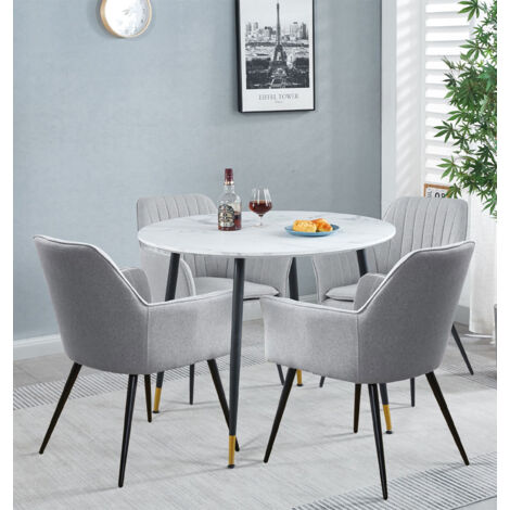 Hallowood Furniture Finley Small Round Dining Table and Chairs Set 4, White Marble Effect Kitchen Table and Grey Fabric Chairs with Armrest, Set for Home, Office and Café