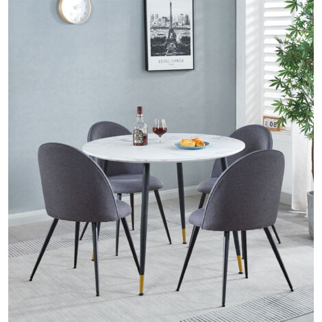 Hallowood Furniture Finley Small Round Dining Table and Chairs Set 4, White Marble Effect Round Dining Table and Dark Grey Curved Back Chairs, Modern Kitchen Set for Home, Office and Café