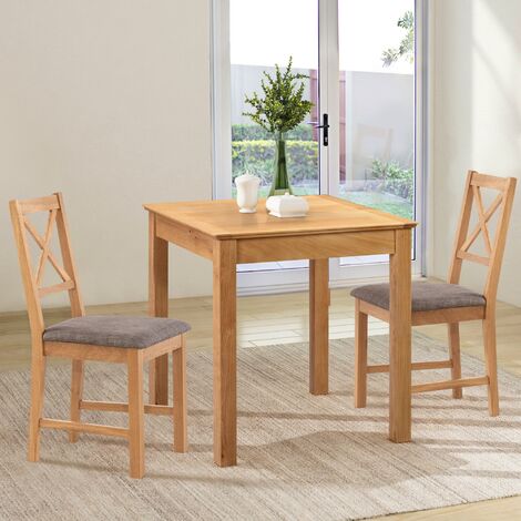 Hallowood Furniture Hereford Oak Dining Table and Chairs Set 2, Square Solid Oak Kitchen Small Table and Chairs with Cross Back and Grey Fabric Padded Seats, Dining Room Sets for Home and Café