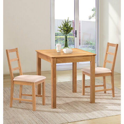 Hallowood Furniture Hereford Oak Dining Table and Chairs Set 2, Square Solid Oak Small Kitchen Table and Chairs with Ladder Back and Beige Fabric Padded Seats, Dining Room Sets for Home and Café