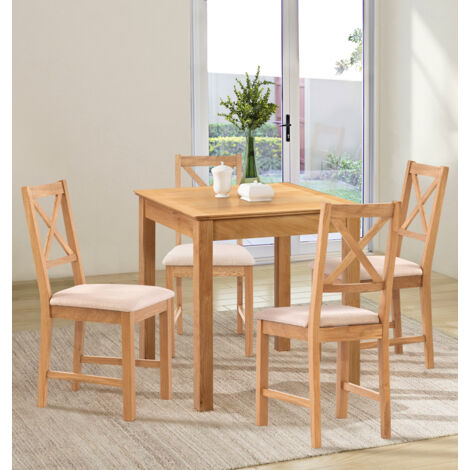 Hallowood Furniture Hereford Oak Dining Table And Chairs Set 4, Square Solid Oak Kitchen Small Table and Chairs with Cross Back and Beige Fabric Padded Seats, Dining Room Sets for Home and Café