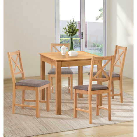 Hallowood Furniture Hereford Oak Dining Table and Chairs Set 4, Square Solid Oak Kitchen Small Table and Chairs with Cross Back and Grey Fabric Padded Seats, Dining Room Sets for Home and Café