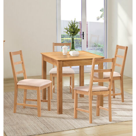 Hallowood Furniture Hereford Oak Dining Table and Chairs Set 4, Square Solid Oak Small Kitchen Table and Chairs with Ladder Back and Beige Fabric Padded Seats, Dining Room Sets for Home and Café