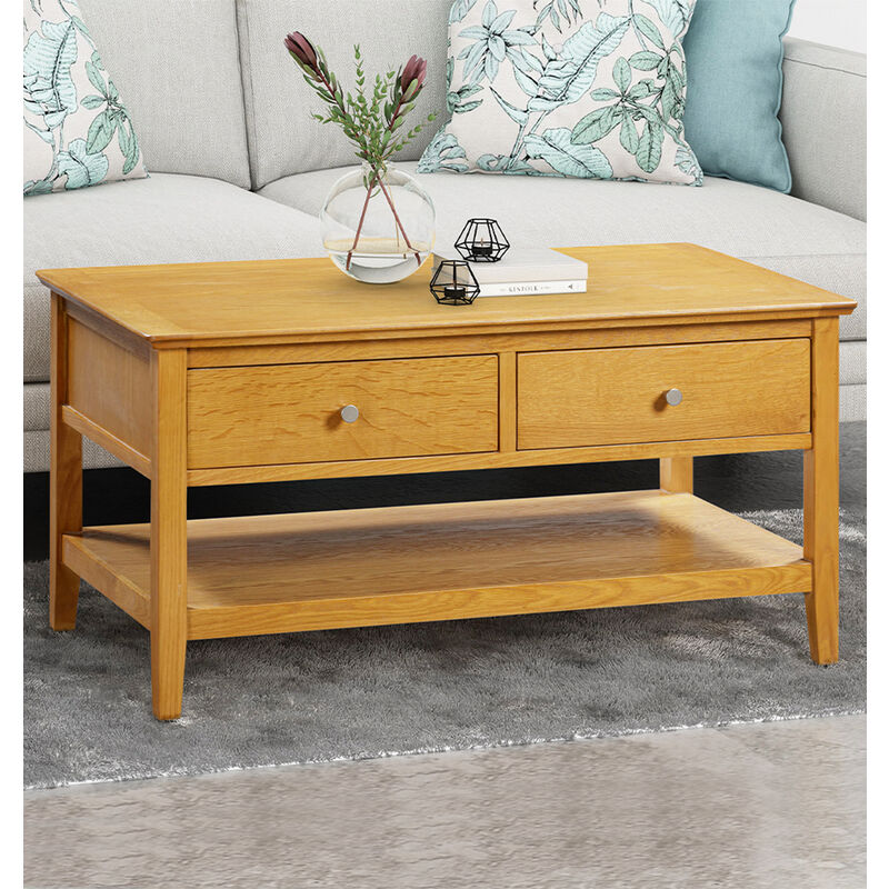 Hereford Oak Large Coffee Table with Storage Drawers & Shelf, Light Oak Solid Wooden Side Table, Rectangular Coffee Table with Storage for Living