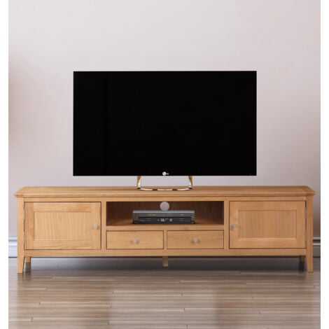 Hallowood Furniture Hereford Oak Long TV Unit with 2 Drawers & Cupboards, TV Stand Cabinet with Storage, Large Light Oak Wooden TV Stand, TV Media Unit for Living Room & Bedroom