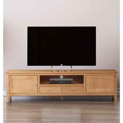 Hallowood Furniture Hereford Oak Long TV Unit, Wooden TV Stand Cabinet with 2 Drawers and Cupboards, Large Light Oak Media Unit Storage, Bedroom or Living Room Furniture