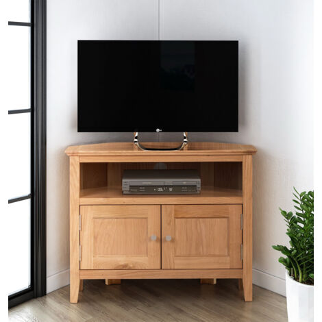 Hallowood Furniture Hereford Oak Small Corner TV Unit with with Cable Hole & Storage Cupboard, 2-Door Solid Wooden Light Oak TV Stand Cabinet with 1 Shelf, Corner Unit for Living Room or Bedroom