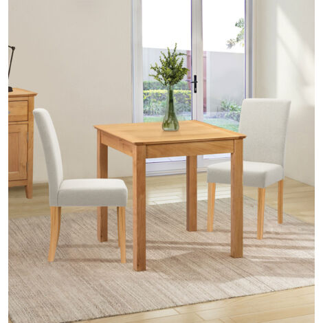Hallowood Furniture Hereford Oak Small Dining Table And 2 Chairs, Solid Oak Square Kitchen Table and Chairs in Straight Back and Upholstered Beige Fabric, Dining Room Sets for Home and Café
