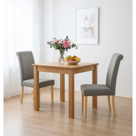 Hallowood Furniture Hereford Oak Small Dining Table and 2 Chairs, Square Light Oak Kitchen Table and 2 Roll Top Linen Fabric Dining Chairs in Grey, Modern Minimalist Set for Homes or Cafes