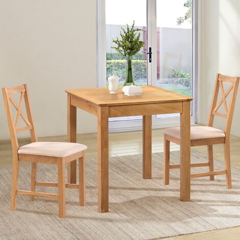 Hallowood Furniture Hereford Oak Small Dining Table and 2 Chairs, Square Solid Oak Kitchen Table and Chairs with Cross Back and Beige Fabric Padded Seats, Dining Room Sets for Home and Café