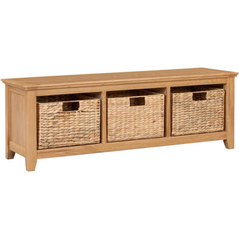 Hallowood Furniture Hereford Oak Storage Bench with Baskets, Solid Wooden Shoe Storage Cabinet with 3 Baskets and Seat, Ready to Use Entryway or Hallway Oak Furniture for Shoes, Bags & Accessories