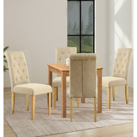 Hallowood Furniture Hereford Oak Wooden Dining Table and Chairs Set 4, Light Oak Small Kitchen Table and Chairs in Straight Back, Buttoned Cream Linen Fabric Cushion, Dining Room Sets