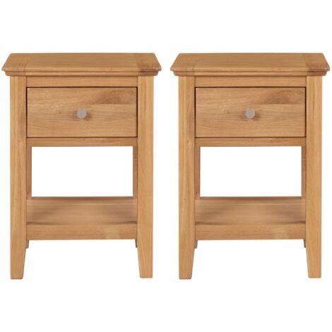 Hallowood Furniture Hereford Set of 2 Oak Lamp Table with Drawer and Lower Shelf, Wooden Side Table, Nightstand, Light Oak Plant Stand, Fully Assembled Bedside, Hallway and Living Room Furniture