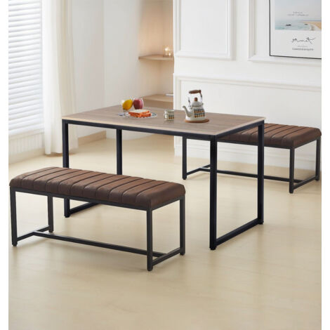 Hallowood Furniture Kempley Fixed Top Dining Table and Bench Set 2 in Brown Faux Leather Upholstery, Oak Effect Rectangular Table with Benches, Modern Dining Room Sets for Home or Cafe