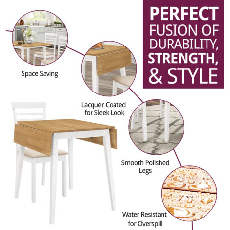 Hallowood Furniture Ledbury Dining Table and Chairs Set 4, White and Oak Finish Small Drop Leaf Table and 4 Chairs in Warm Cream Fabric Seat, Space-Saving Wooden Dining Set for Home or Café