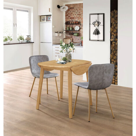 Hallowood Furniture Ledbury Oak Dining Table and Chairs Set 2, Light Oak Wooden Round Drop Leaf Table and Chairs Set 2 in Taupe Leather Effect Upholstery, Dining Room Sets for Home or Cafe