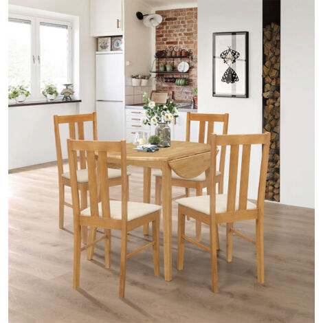 Hallowood Furniture Ledbury Round Dining Table and Chairs Set 4, Light Oak Drop Leaf Table and Chairs with Cream Fabric Padded Seats, Space-Saving Wooden Dining Room Set for Home or Cafe