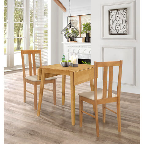 Hallowood Furniture Ledbury Small Dining table and 2 Chairs with Warm Cream Fabric Seats, Light Oak Drop Leaf Table and Chairs Set 2, Space-saving Dining Room Sets for Home and Cafe