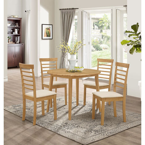 Hallowood Furniture Ledbury Small Dining Table and Chairs Set 4, Round Wooden Drop Leaf Table and Cream Fabric Ladder Back Padded Chairs, Extendable Dining Room Sets in Light Oak Finish