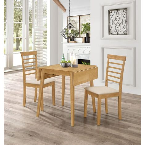 Hallowood Furniture Ledbury Small Drop Leaf Dining Table and Chairs Set 2, Oak Finish Wooden Folding Table and Chairs with Warm Cream Padded Seats, Ideal Home or Cafe Dining Set for 2