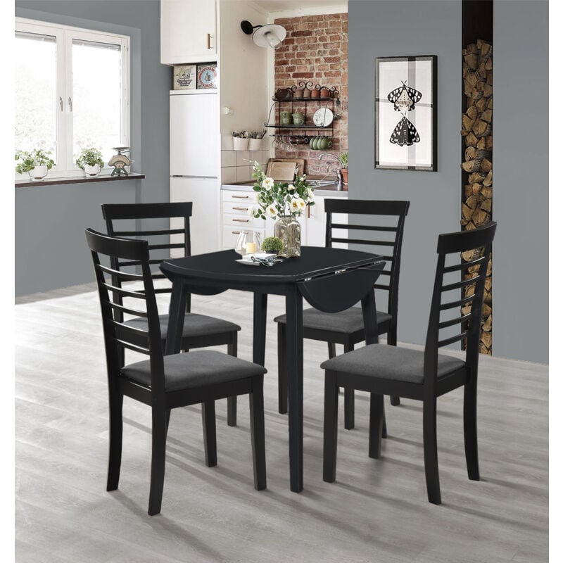 Ledbury Small Dining Table & Dining Chairs Set 4, Round Wooden Drop Leaf Table & Chairs in Black, Folding Table and Chairs, Kitchen Table Dining Room