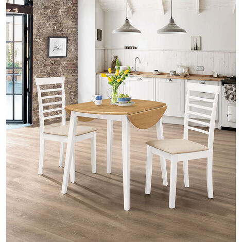 Hallowood Furniture Ledbury Small White Folding Dining Table and Chairs Set 2, Round Wooden Drop Leaf Table with Light Oak Top and Chairs, Dining Room Set, Ideal for Small Spaces