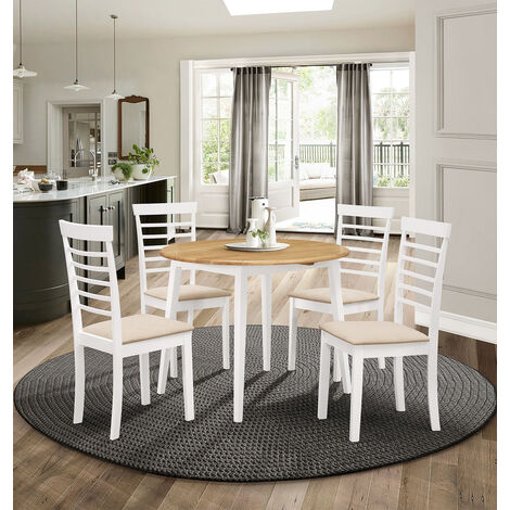 Hallowood Furniture Ledbury Small White Round Dining Table and Chairs Set 4, Foldable Wooden Drop Leaf Table Kitchen Table and Chairs in Cream Fabric Padded Seat, Space-Saving Dining Set