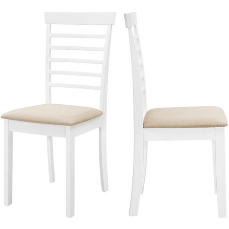 Hallowood Furniture Ledbury White Painted Dining Chairs Set of 2 with Fabric Seat Pad in Warm Cream, Modern Solid Wooden Kitchen Chairs with Ladder Back Design for Home, Restaurant and Café